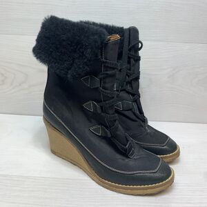 Chloé Wedge Ankle Boots Women's Size 39.5 US 9.5 Black Fur Trim Lace Up